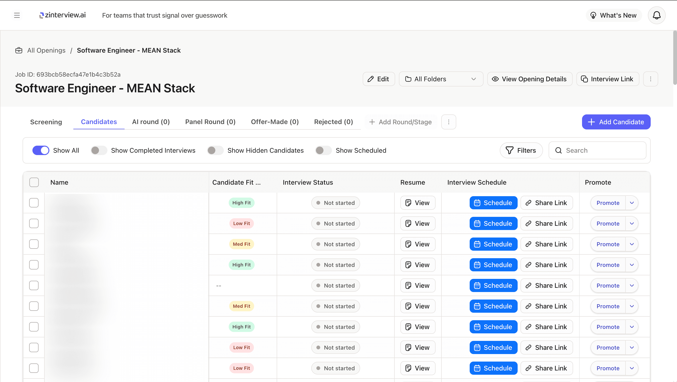 AI screening & evaluation in the Zinterview product