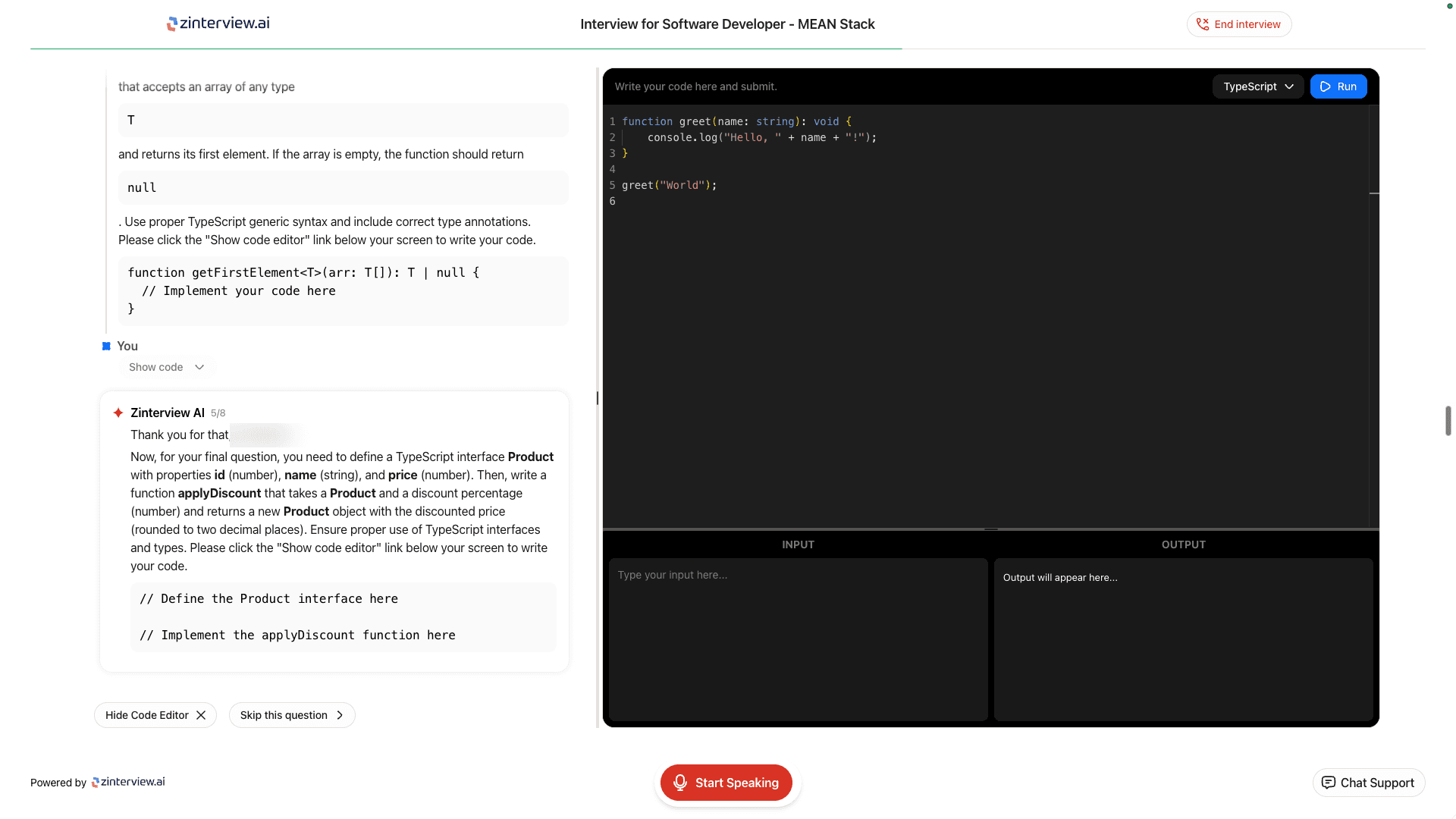 Zinterview's in-interview code editor with a candidate writing code
