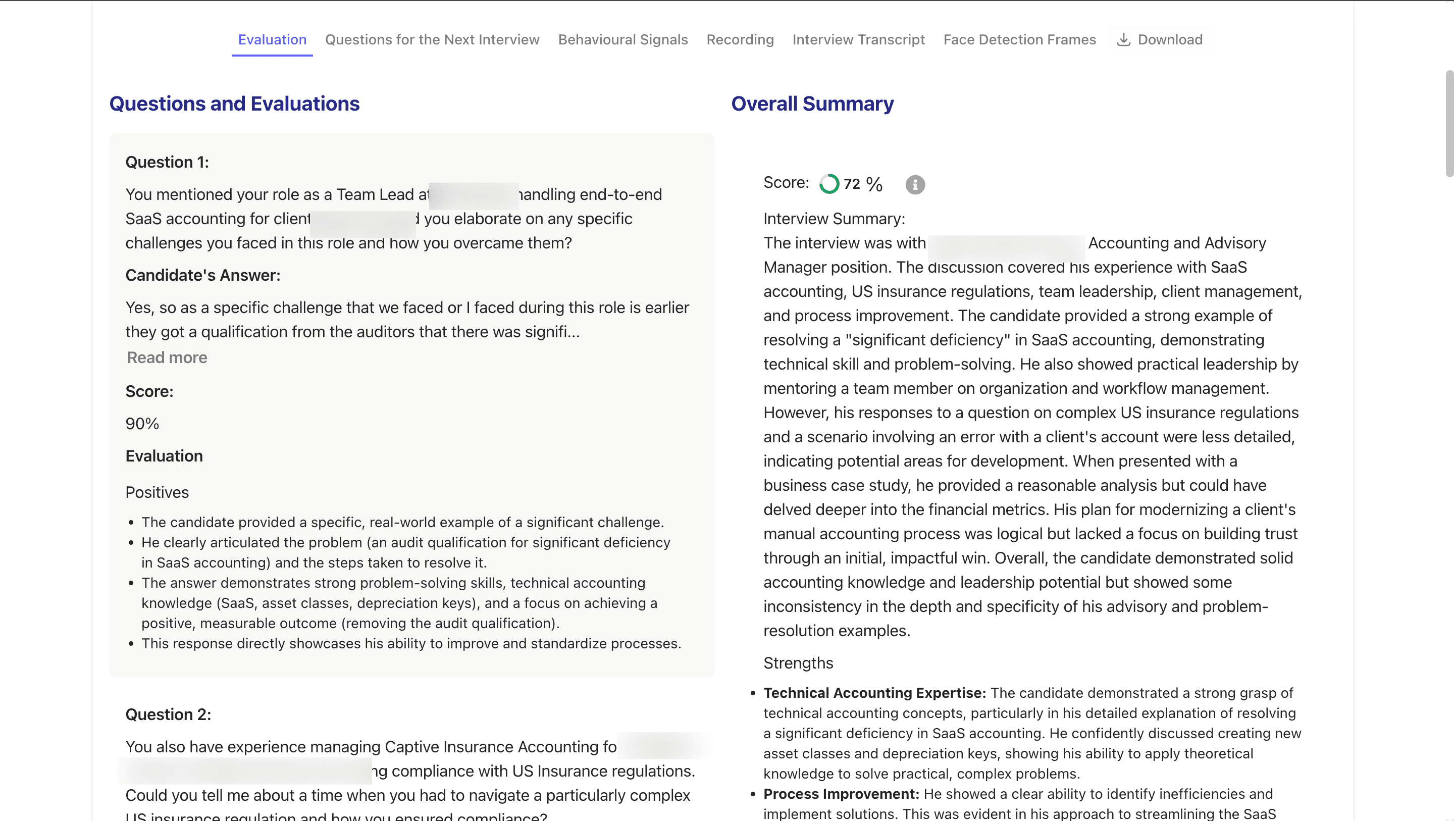 A Zinterview evaluation report showing per-question scores and star-rated skills